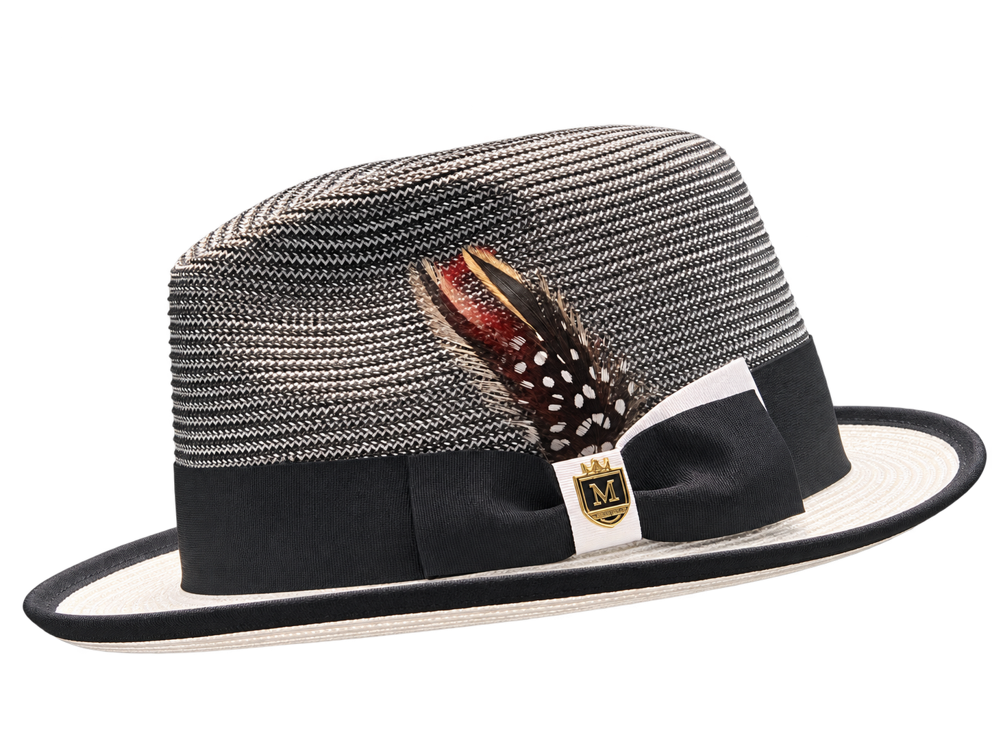 Black-and-white woven hat with a two-tone ribbon, shield emblem, and feather