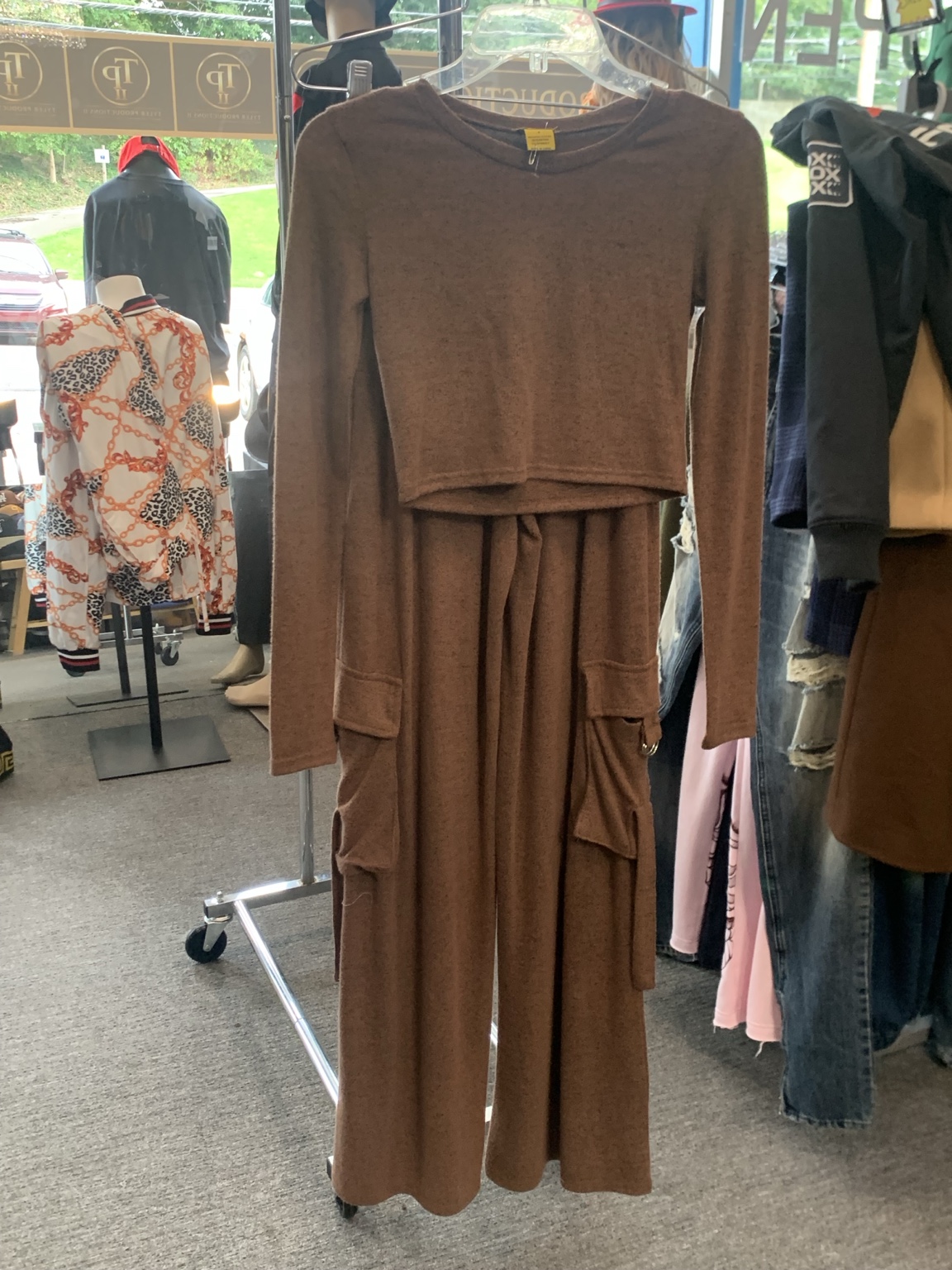 Brown long-sleeve top with matching wide-leg cargo trousers